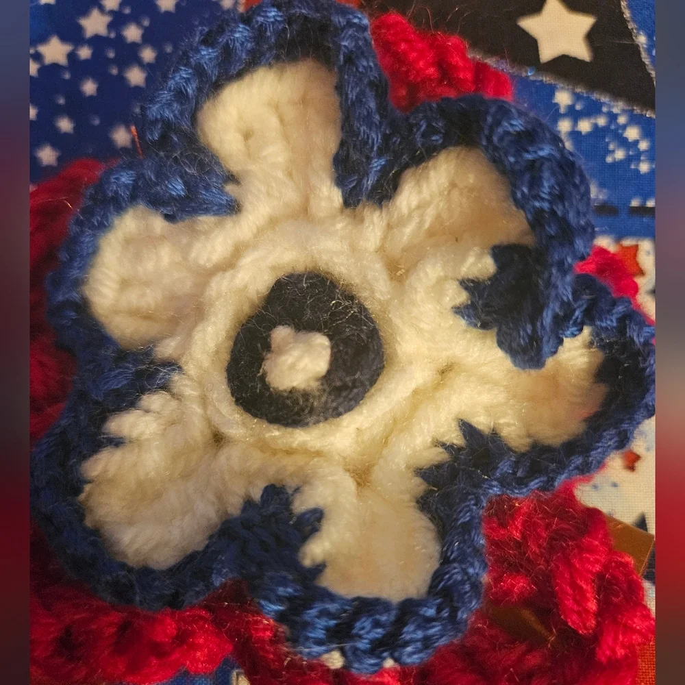 Handmade Red and Blue Crochet Flower Hair Clip Hand Crafted Brooch  Patriotic 4